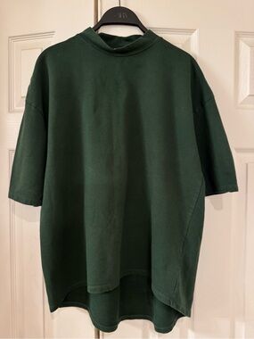 Zara Green Mock Neck T-Shirt Boxy Oversized Drop Shoulder Tee High-Low Hem Sz S